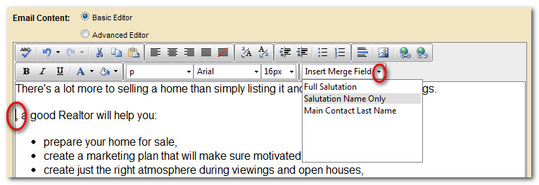 Insert mail merge fields anywhere in your email using IXACT Contact's real estate CRM software