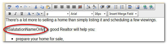End result: insert mail merge fields anywhere in your email using IXACT Contact's real estate CRM software